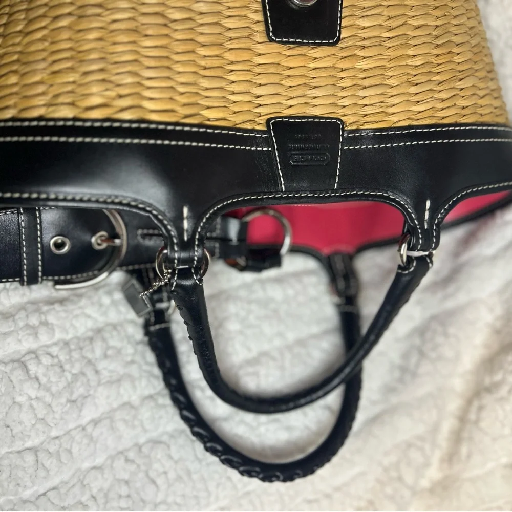 Coach Straw Tote Black Leather Pink Signature Lining RARE - Picture 10 of 10